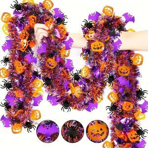 78.74in Halloween Ribbon Garland with Orange Pumpkin, Black Spider, Purple Bat